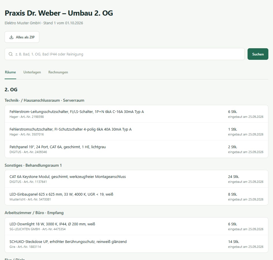 Auftraggeber-Portal von Einbaupass: Räume des Beispielobjekts Praxis Dr. Weber – Umbau 2. OG, etwa Serverraum und Behandlungsraum, mit den eingebauten Teilen