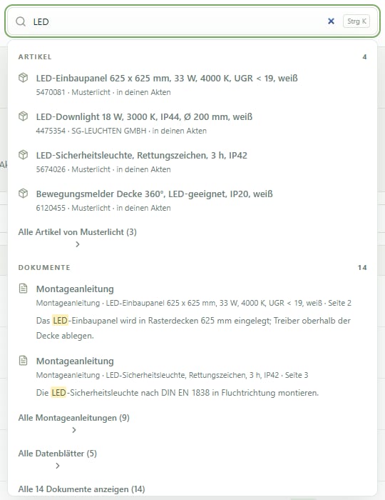 Einbaupass, Ausschnitt: Suche nach „LED“ (Beispieldaten)