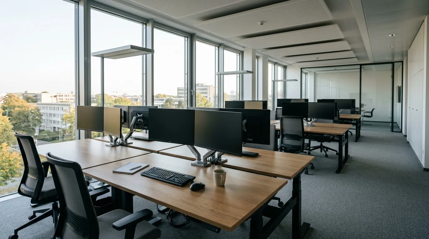 Modernes, helles Büro mit leeren Schreibtischen und Bildschirmen, strukturierte Arbeitsumgebung, Tageslicht durch große Fenster, keine Personen sichtbar